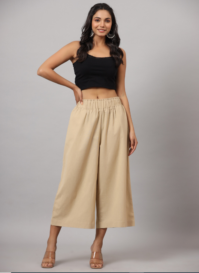 Women's Beige Cotton Flex Flared Culottes