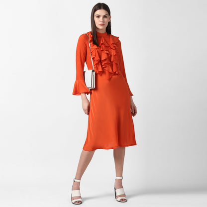 Women's Orange Front Ruffle Bell Sleeve Dress