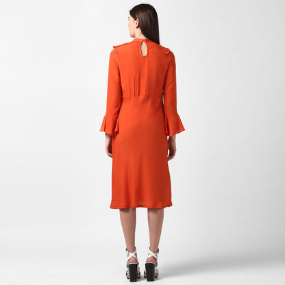 Women's Orange Front Ruffle Bell Sleeve Dress