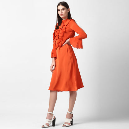 Women's Orange Front Ruffle Bell Sleeve Dress