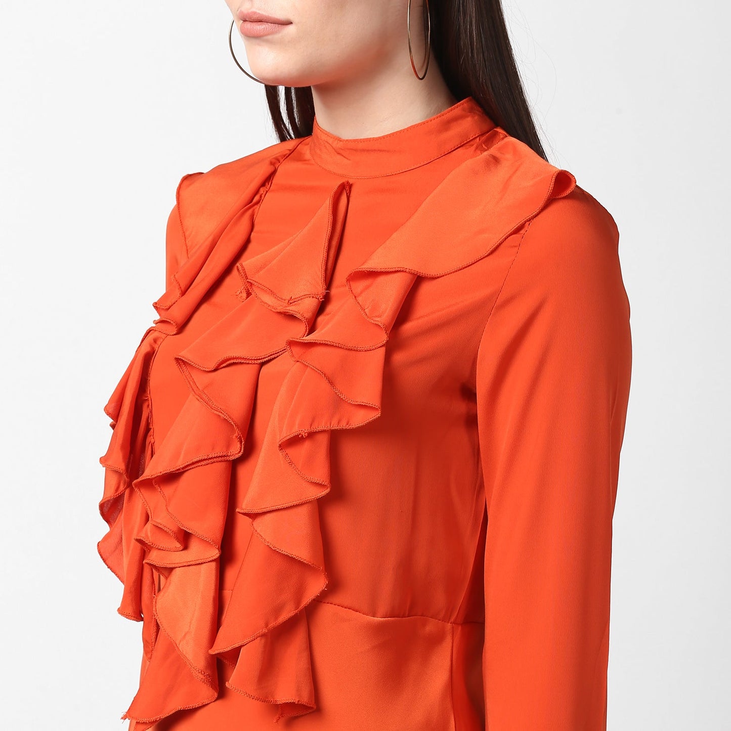 Women's Orange Front Ruffle Bell Sleeve Dress