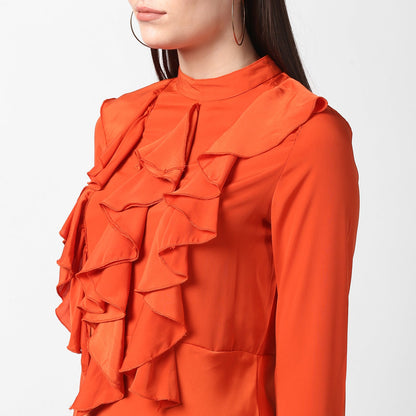 Women's Orange Front Ruffle Bell Sleeve Dress