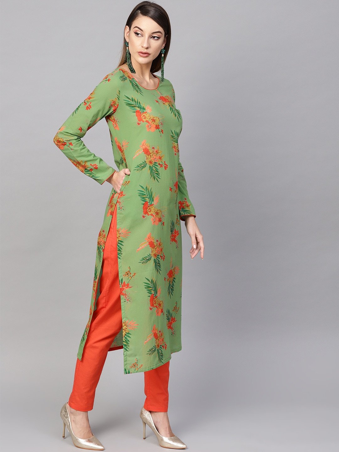 Women's  Green & Orange Floral Print Straight Kurta