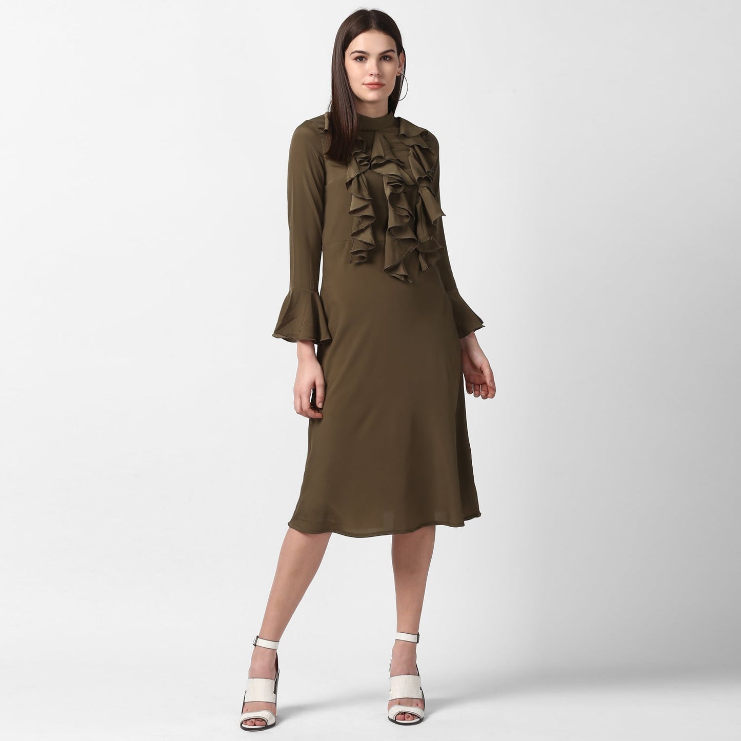 Women's Olive Front Ruffle Bell Sleeve Dress