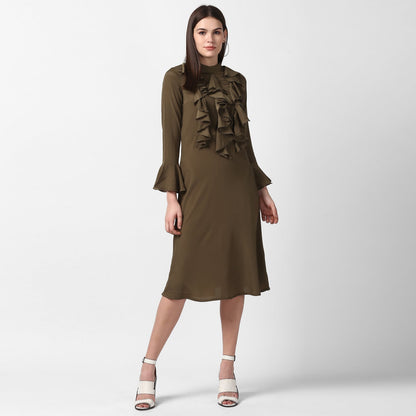 Women's Olive Front Ruffle Bell Sleeve Dress