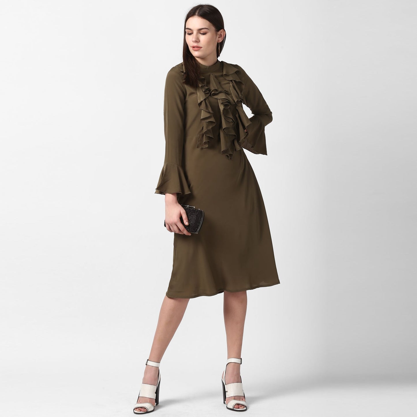 Women's Olive Front Ruffle Bell Sleeve Dress