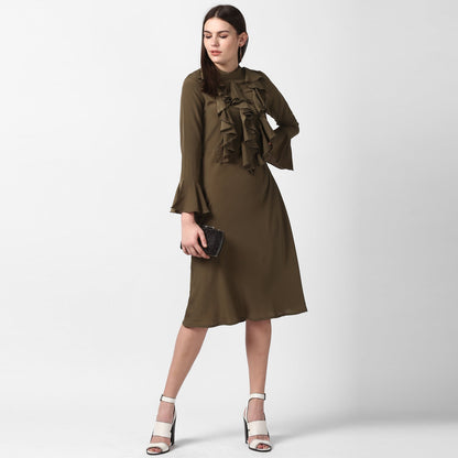 Women's Olive Front Ruffle Bell Sleeve Dress