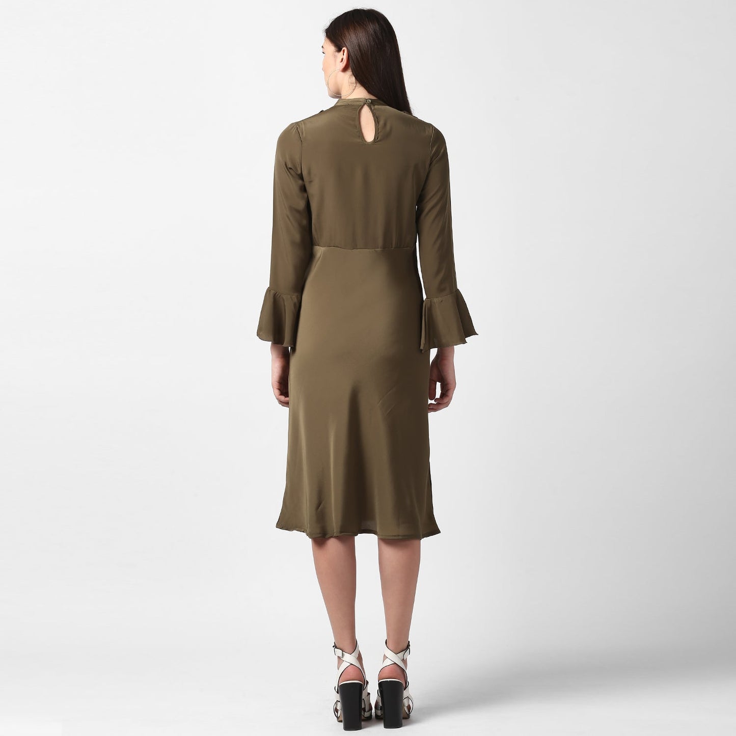 Women's Olive Front Ruffle Bell Sleeve Dress