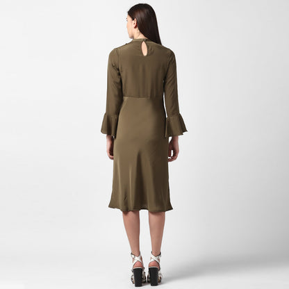 Women's Olive Front Ruffle Bell Sleeve Dress