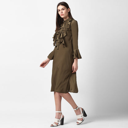 Women's Olive Front Ruffle Bell Sleeve Dress