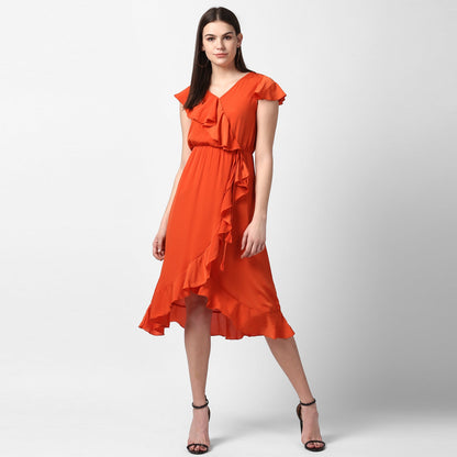 Women's Orange Front Ruffle Dress