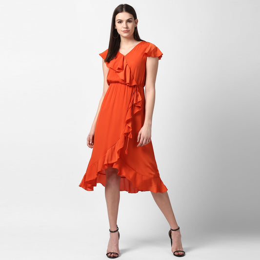 Women's Orange Front Ruffle Dress