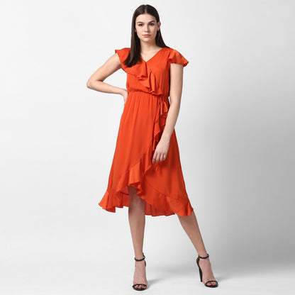 Women's Orange Front Ruffle Dress