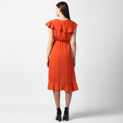 Women's Orange Front Ruffle Dress