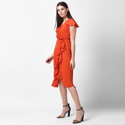 Women's Orange Front Ruffle Dress