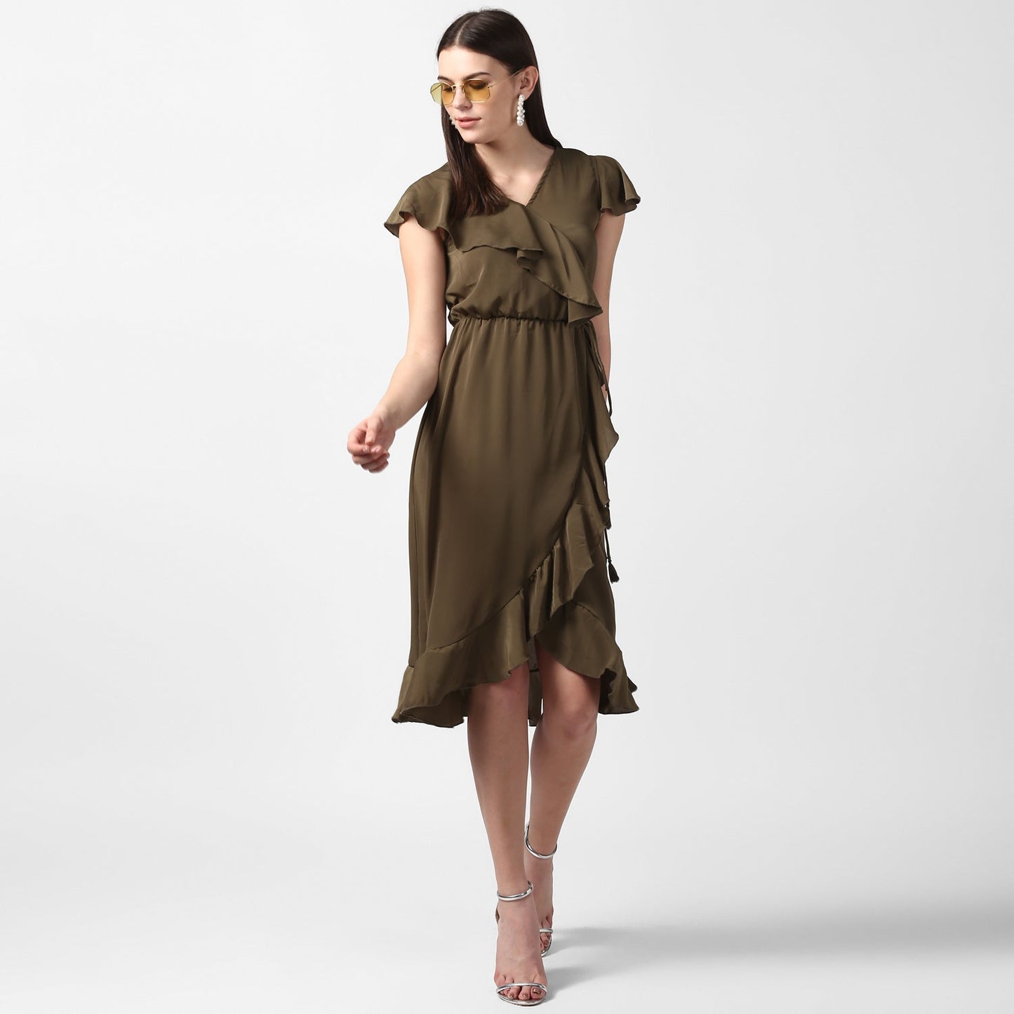 Women's Olive Front Ruffle Dress