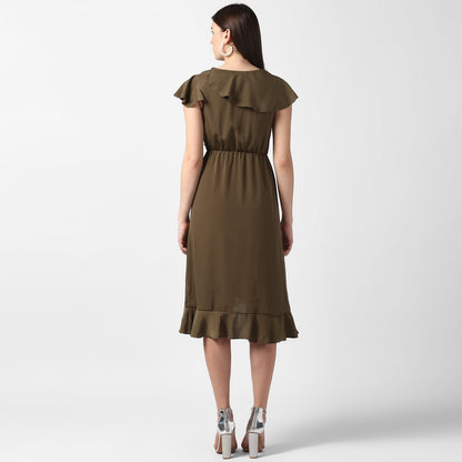 Women's Olive Front Ruffle Dress