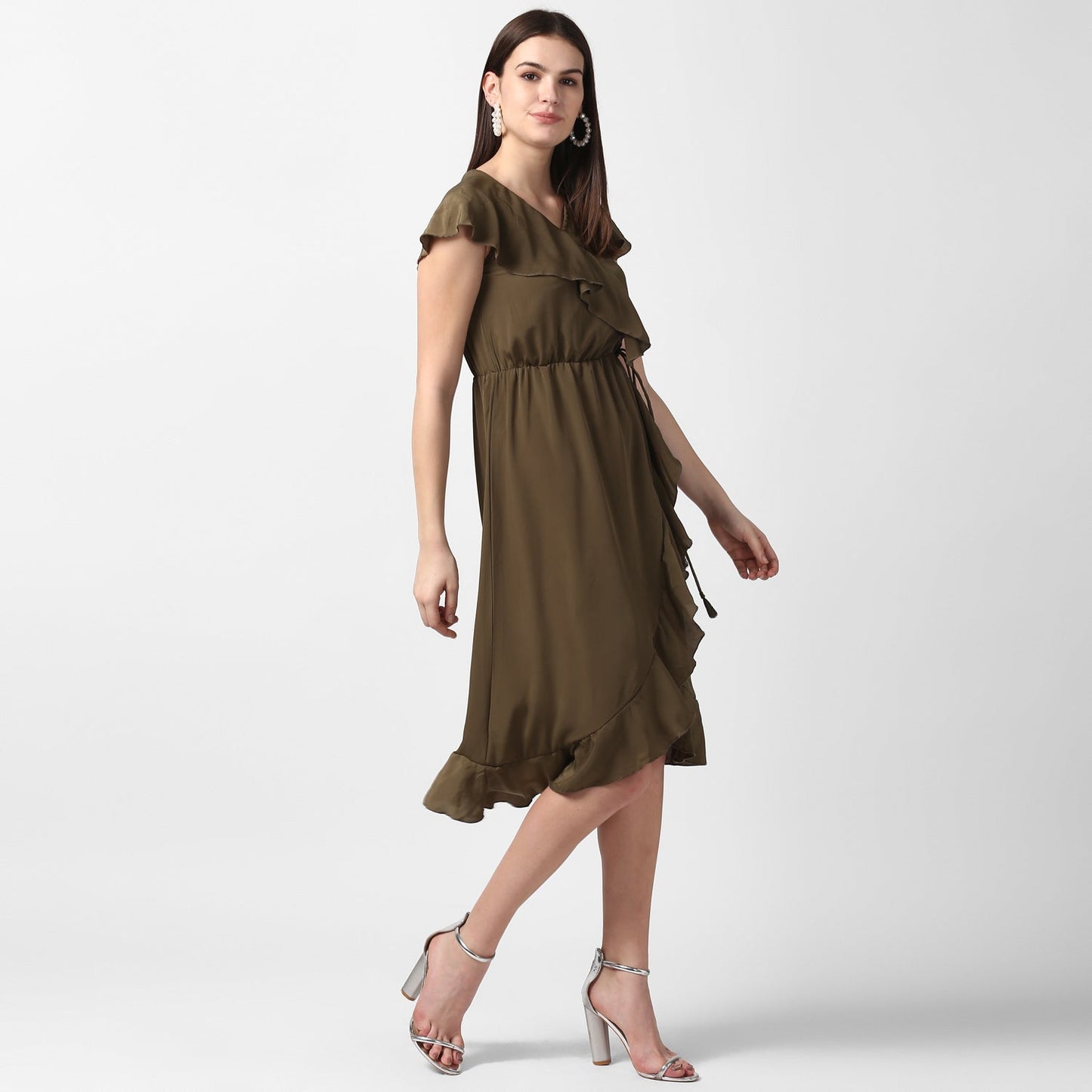Women's Olive Front Ruffle Dress