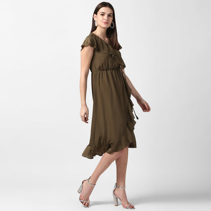 Women's Olive Front Ruffle Dress