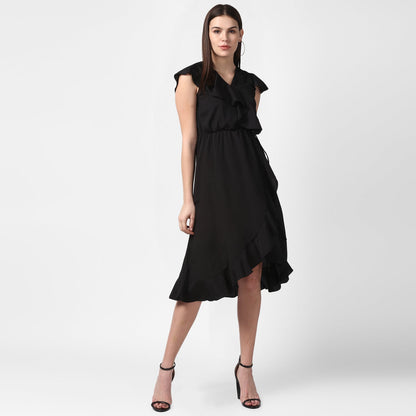 Women's Black Front Ruffle Dress