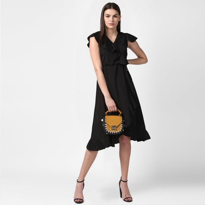 Women's Black Front Ruffle Dress