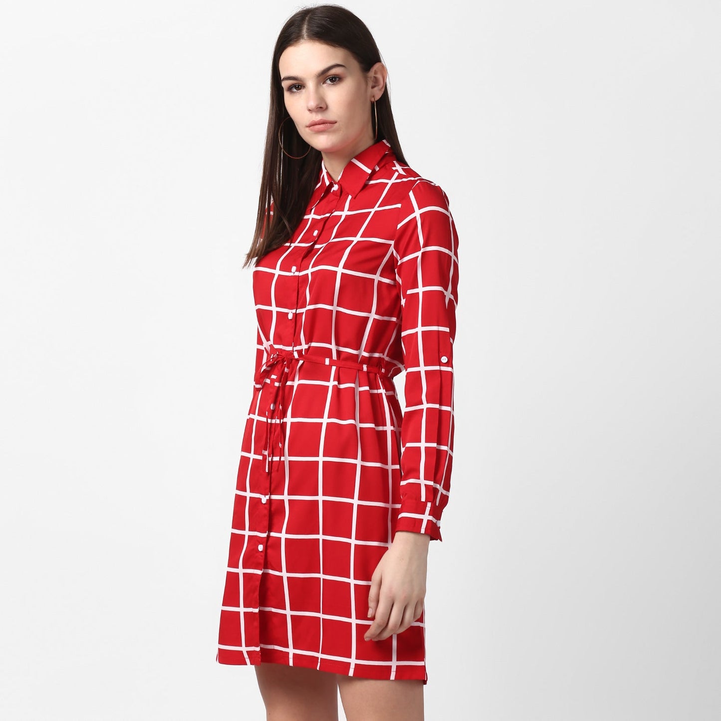 Women's Red and White Check Shirt Dress with Belt