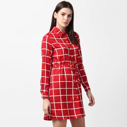 Women's Red and White Check Shirt Dress with Belt