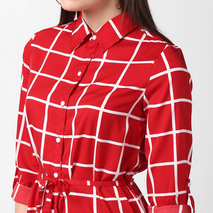 Women's Red and White Check Shirt Dress with Belt