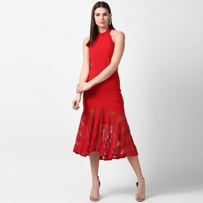 Women's Red Asymmetrical Lace Dress