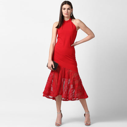 Women's Red Asymmetrical Lace Dress