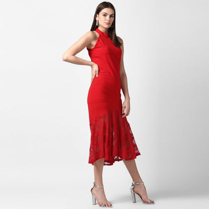 Women's Red Asymmetrical Lace Dress