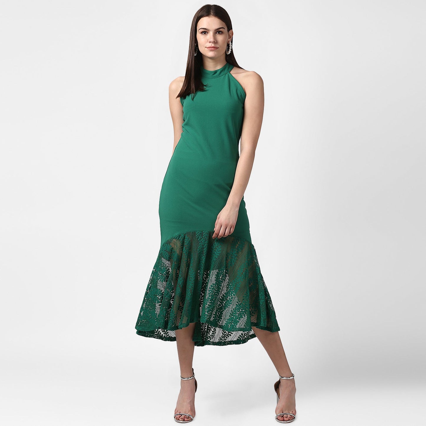Women's Green Asymmetrical Lace Dress