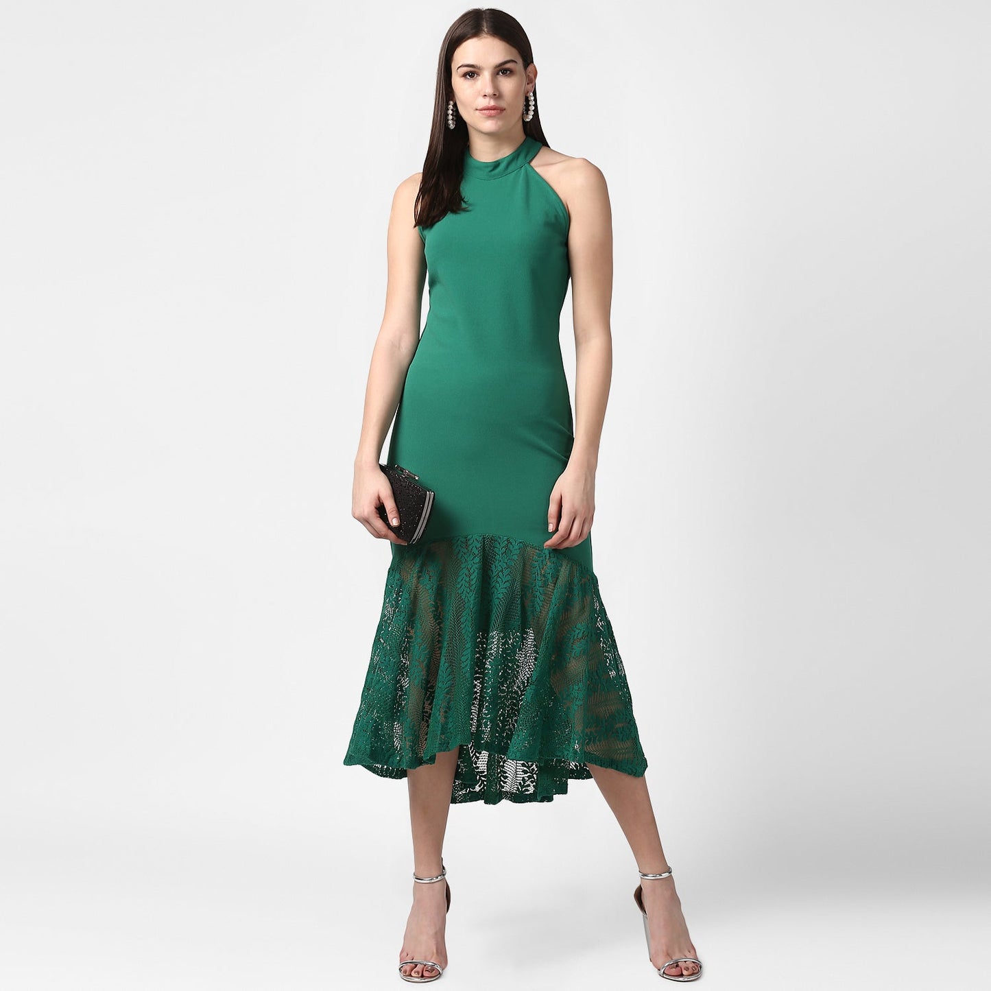 Women's Green Asymmetrical Lace Dress