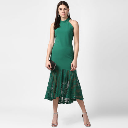 Women's Green Asymmetrical Lace Dress