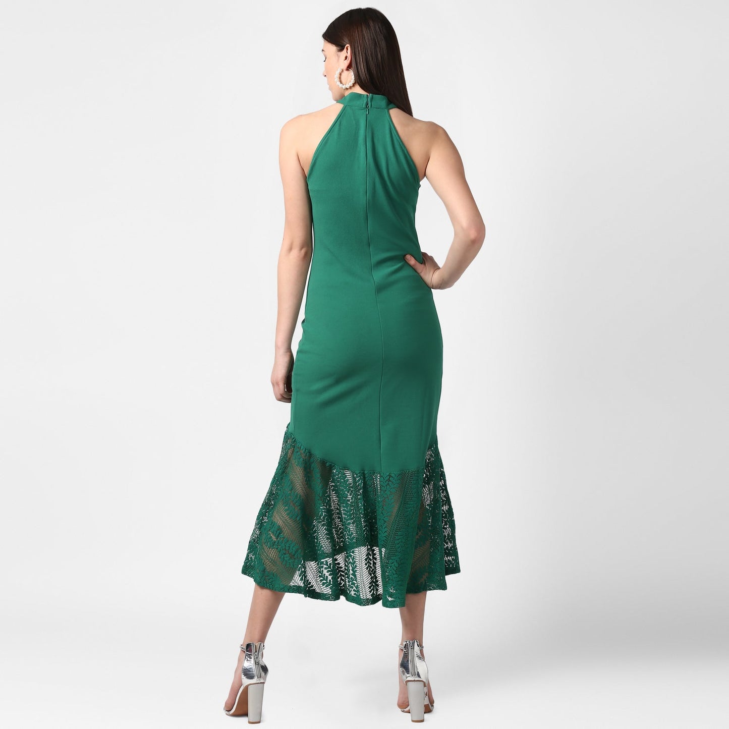 Women's Green Asymmetrical Lace Dress
