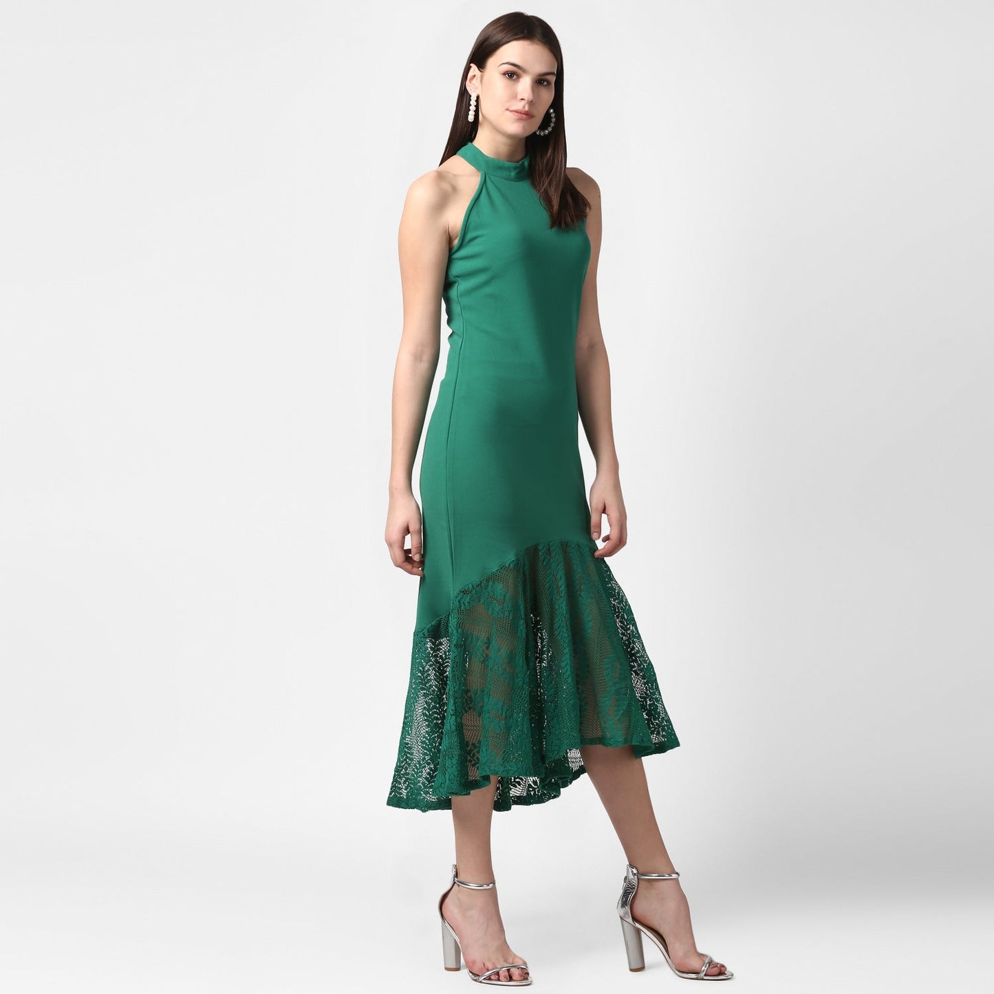 Women's Green Asymmetrical Lace Dress