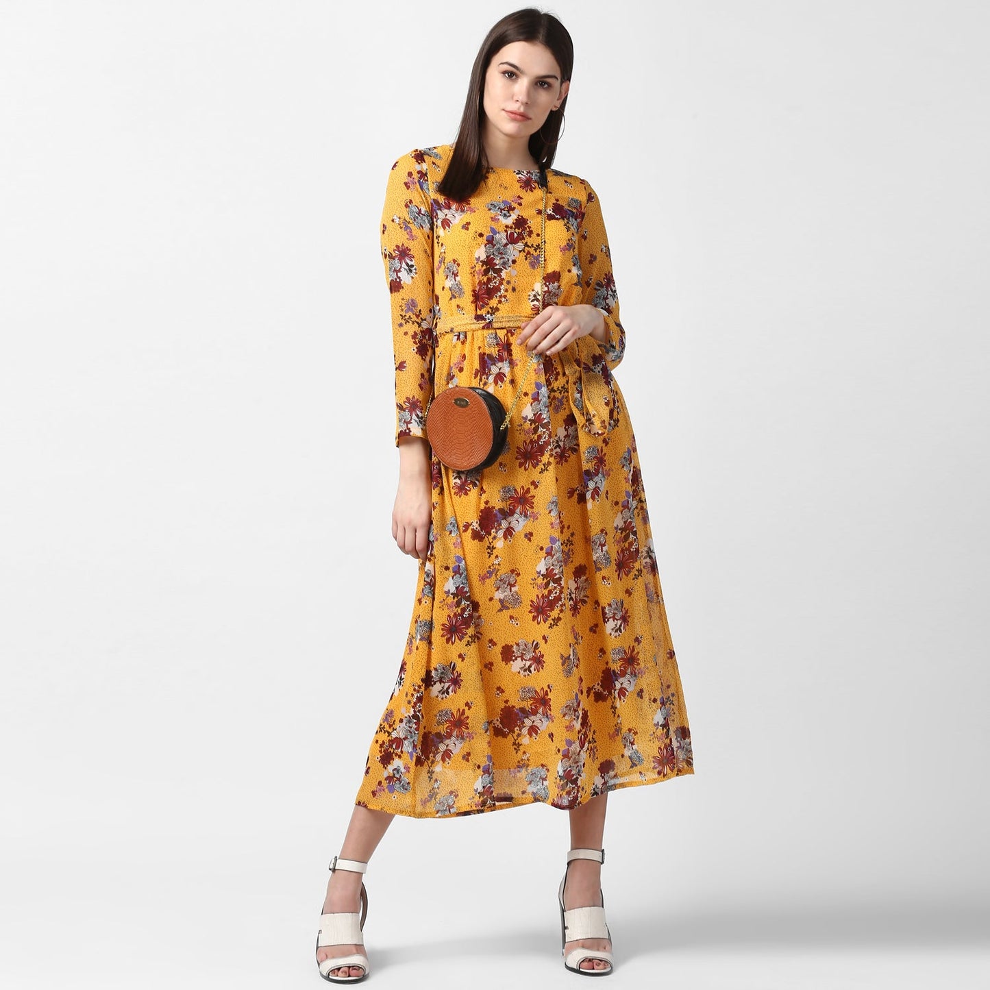 Women's Floral Chiffon Dress with Belt