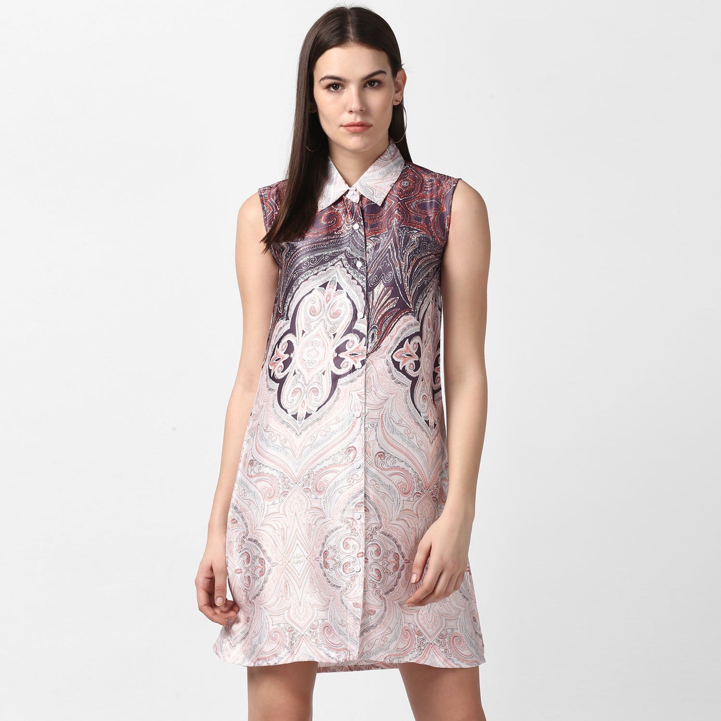 Women's Satin Printed Dress with front Buttons