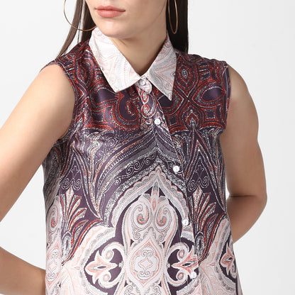 Women's Satin Printed Dress with front Buttons