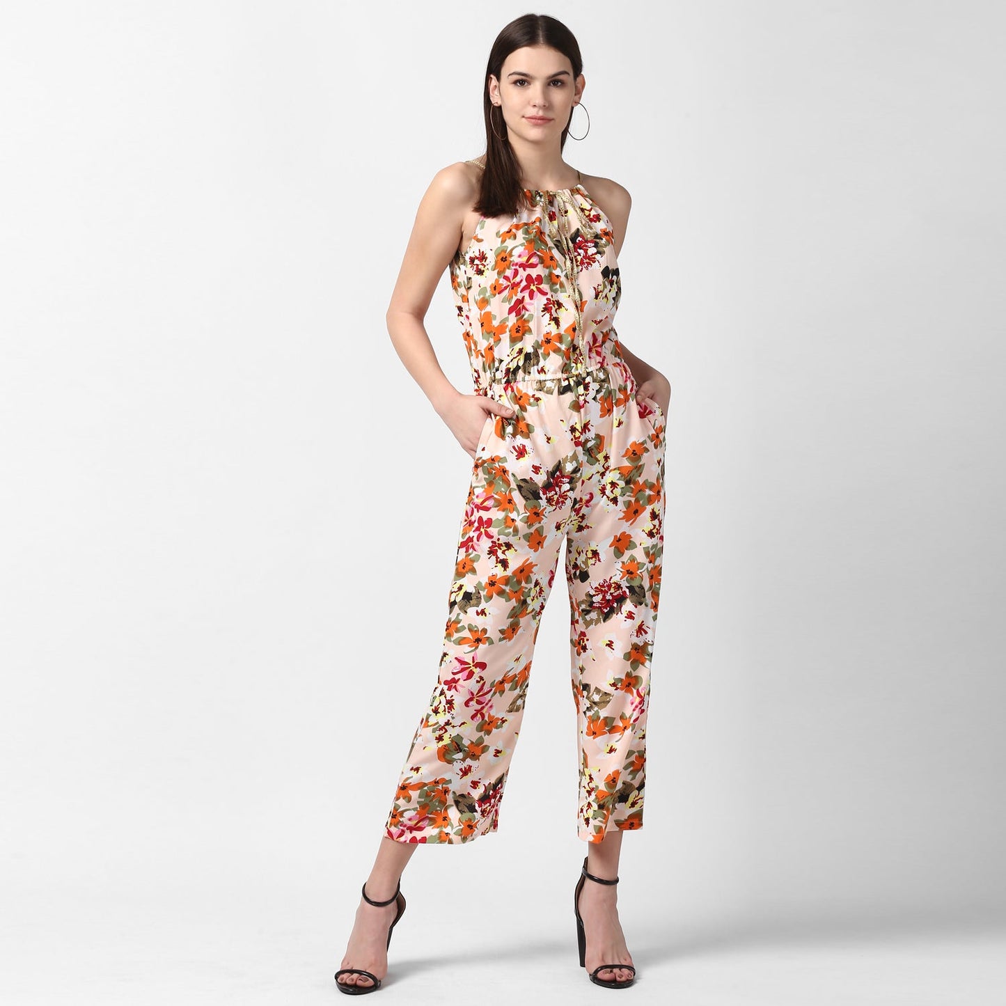Women's Floral Printed Jumpsuit with Gold Lace Neckstrap