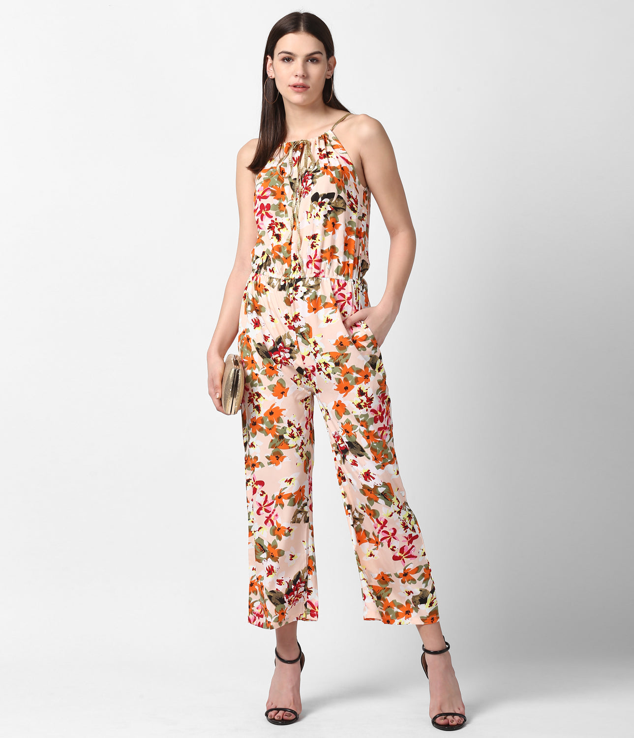 Women's Floral Printed Jumpsuit with Gold Lace Neckstrap