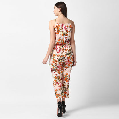 Women's Floral Printed Jumpsuit with Gold Lace Neckstrap