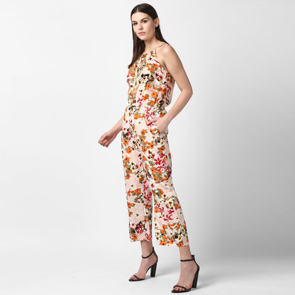 Women's Floral Printed Jumpsuit with Gold Lace Neckstrap