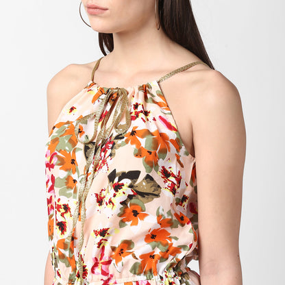 Women's Floral Printed Jumpsuit with Gold Lace Neckstrap