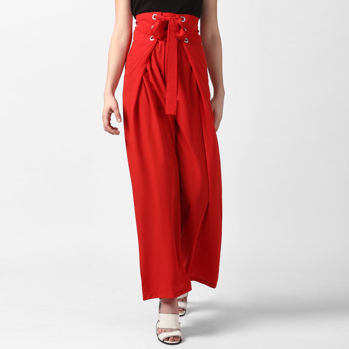 Women's Red Polyester High Waisted Palazzo with front Rivets and Back Elastic