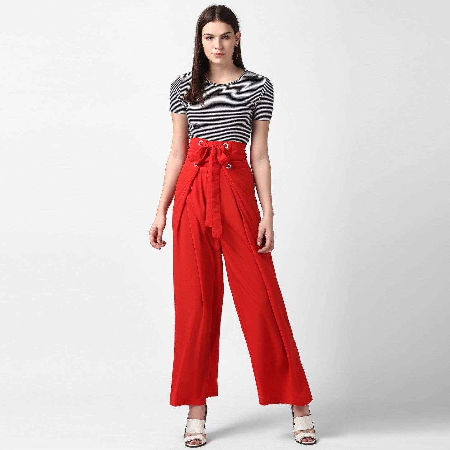 Women's Red Polyester High Waisted Palazzo with front Rivets and Back Elastic
