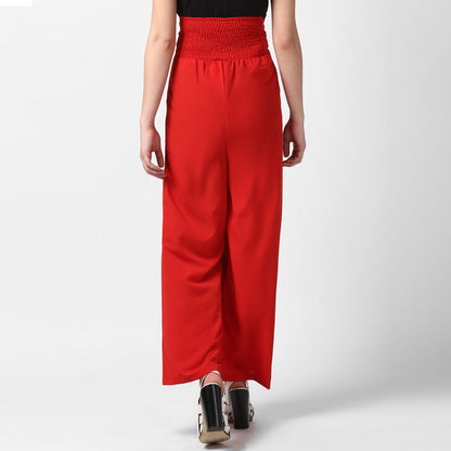 Women's Red Polyester High Waisted Palazzo with front Rivets and Back Elastic