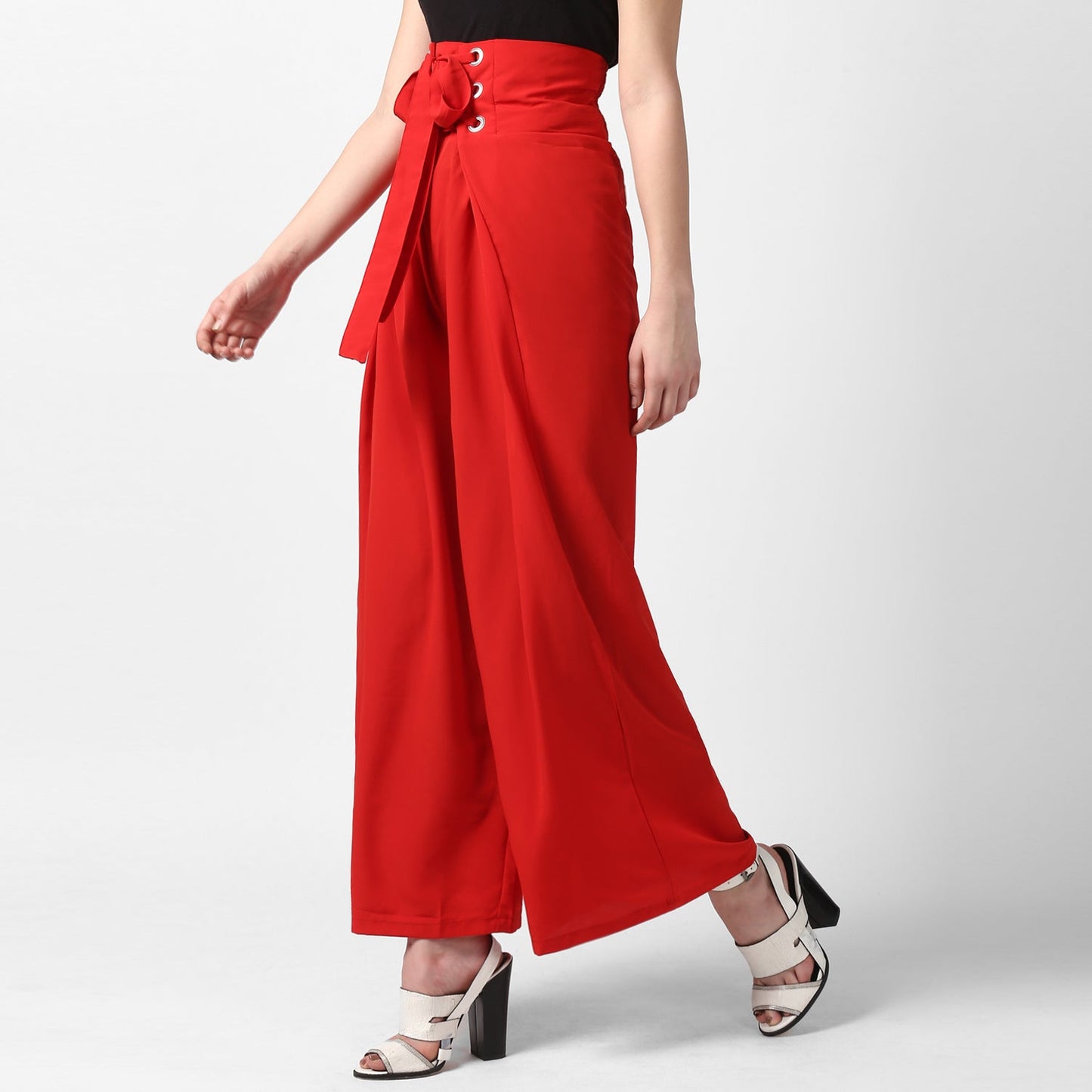 Women's Red Polyester High Waisted Palazzo with front Rivets and Back Elastic