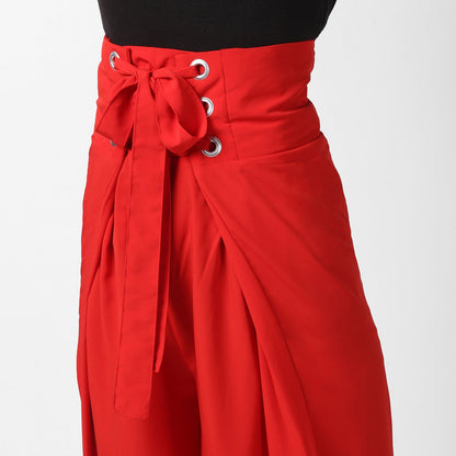Women's Red Polyester High Waisted Palazzo with front Rivets and Back Elastic