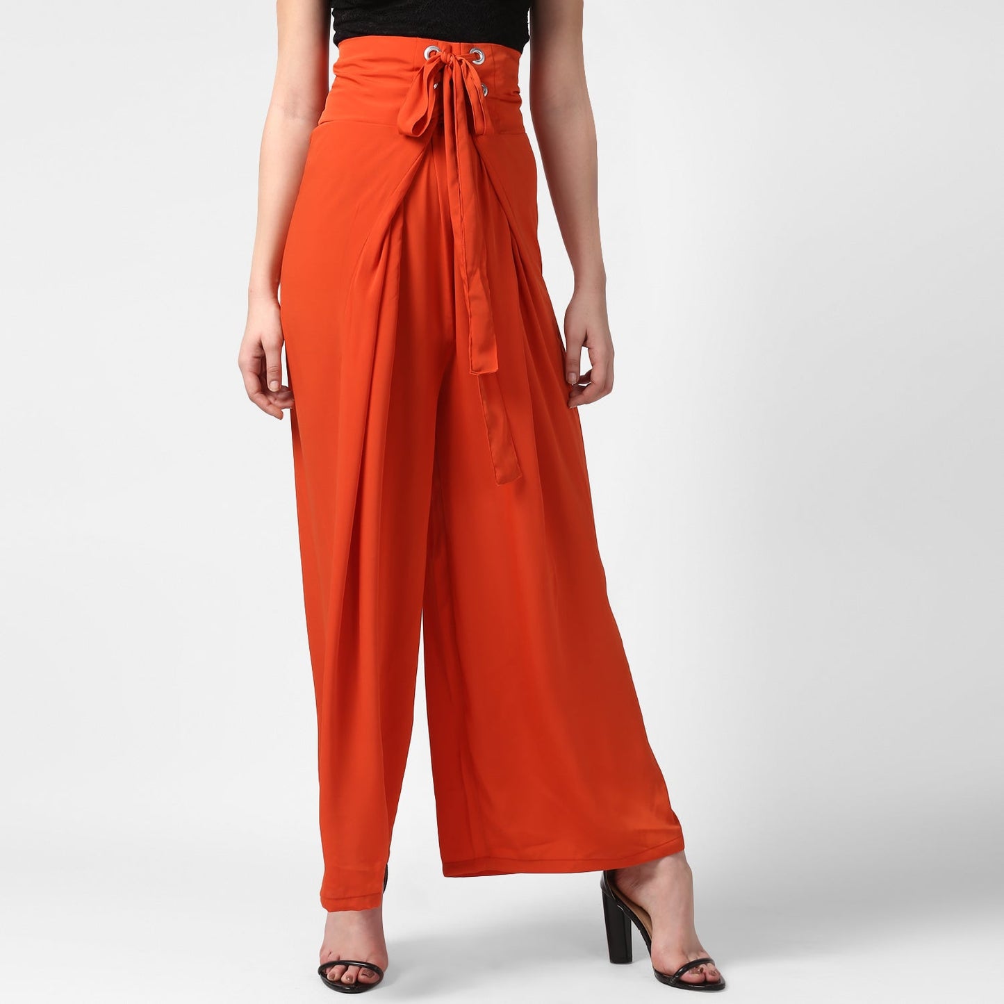 Women's Orange Polyester High Waisted Palazzo with front Rivets and Back Elastic